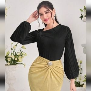 SHEIN Black Asymmetrical Neck Lantern Long Sleeve Top Dressy Shirt New Women